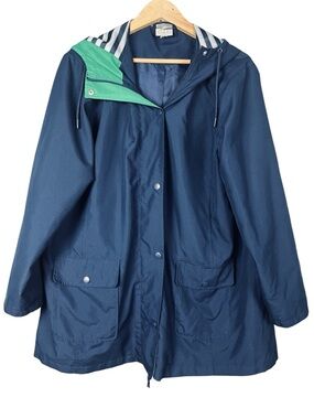 Navy Blue Rain Jacket with Striped Hood Green Trim Large Pockets